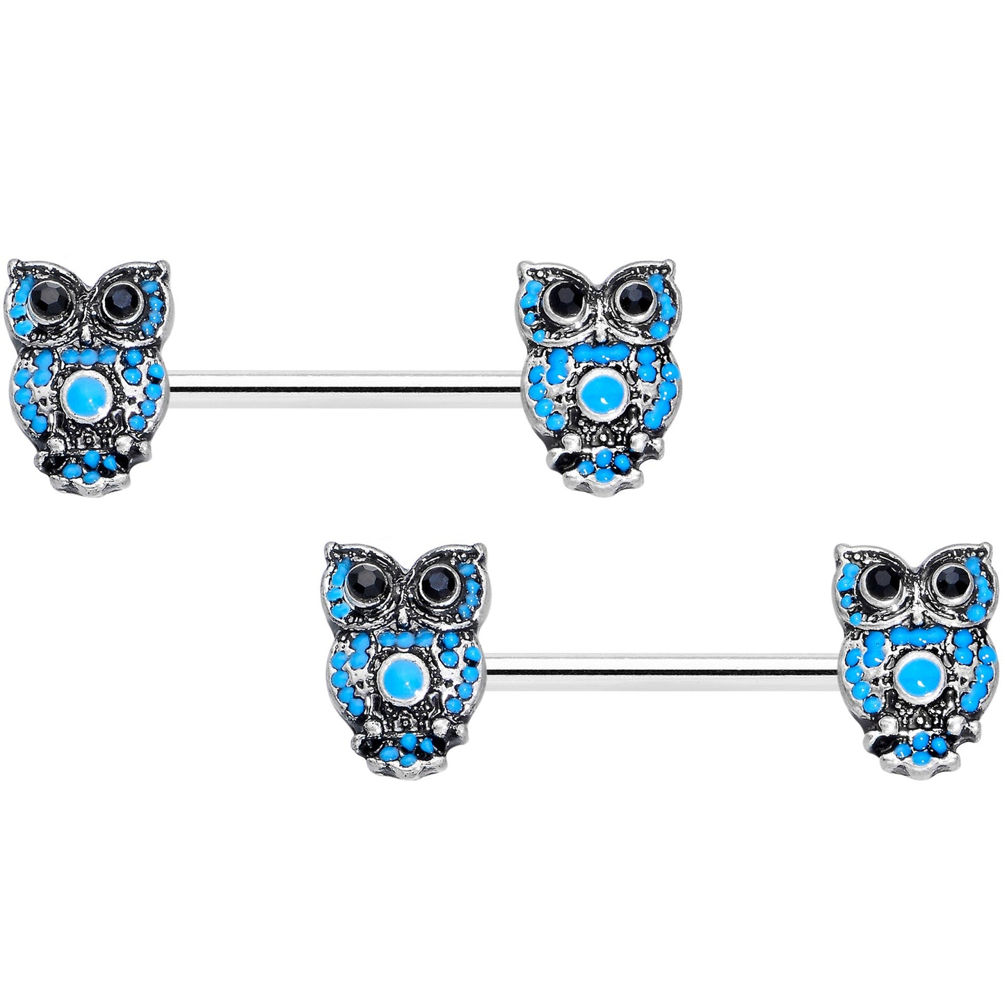 14G 9/16 Black Gem Ornate Blue Orb Owl Barbell Nipple Ring Set