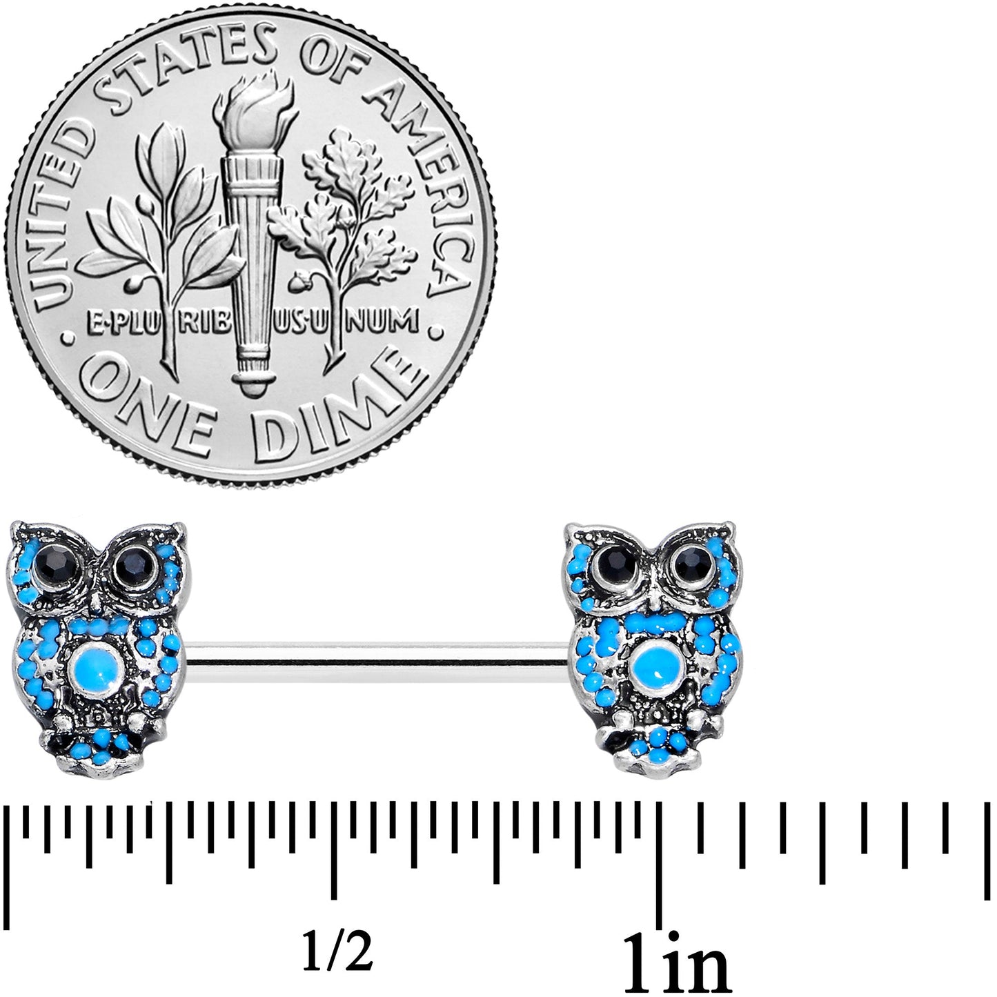 14G 9/16 Black Gem Ornate Blue Orb Owl Barbell Nipple Ring Set