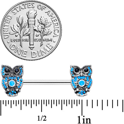 14G 9/16 Black Gem Ornate Blue Orb Owl Barbell Nipple Ring Set