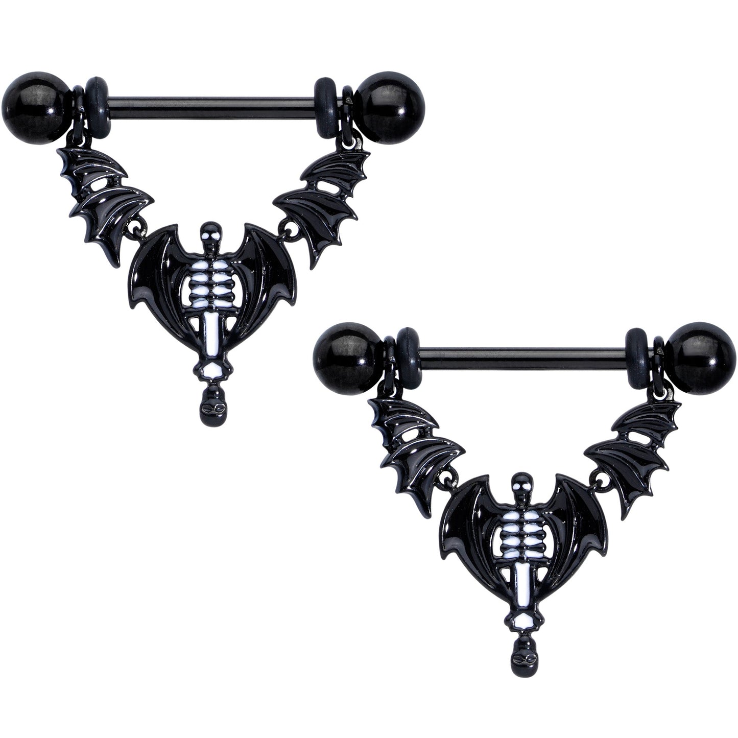 14G 9/16 Black Winged Skeleton Halloween Dangle Nipple Ring Set