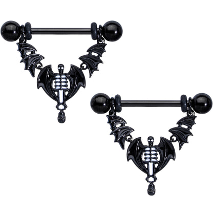 14G 9/16 Black Winged Skeleton Halloween Dangle Nipple Ring Set