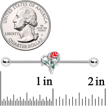 14G Clear Gem Open Heart Rose Valentines Industrial Barbell 38mm
