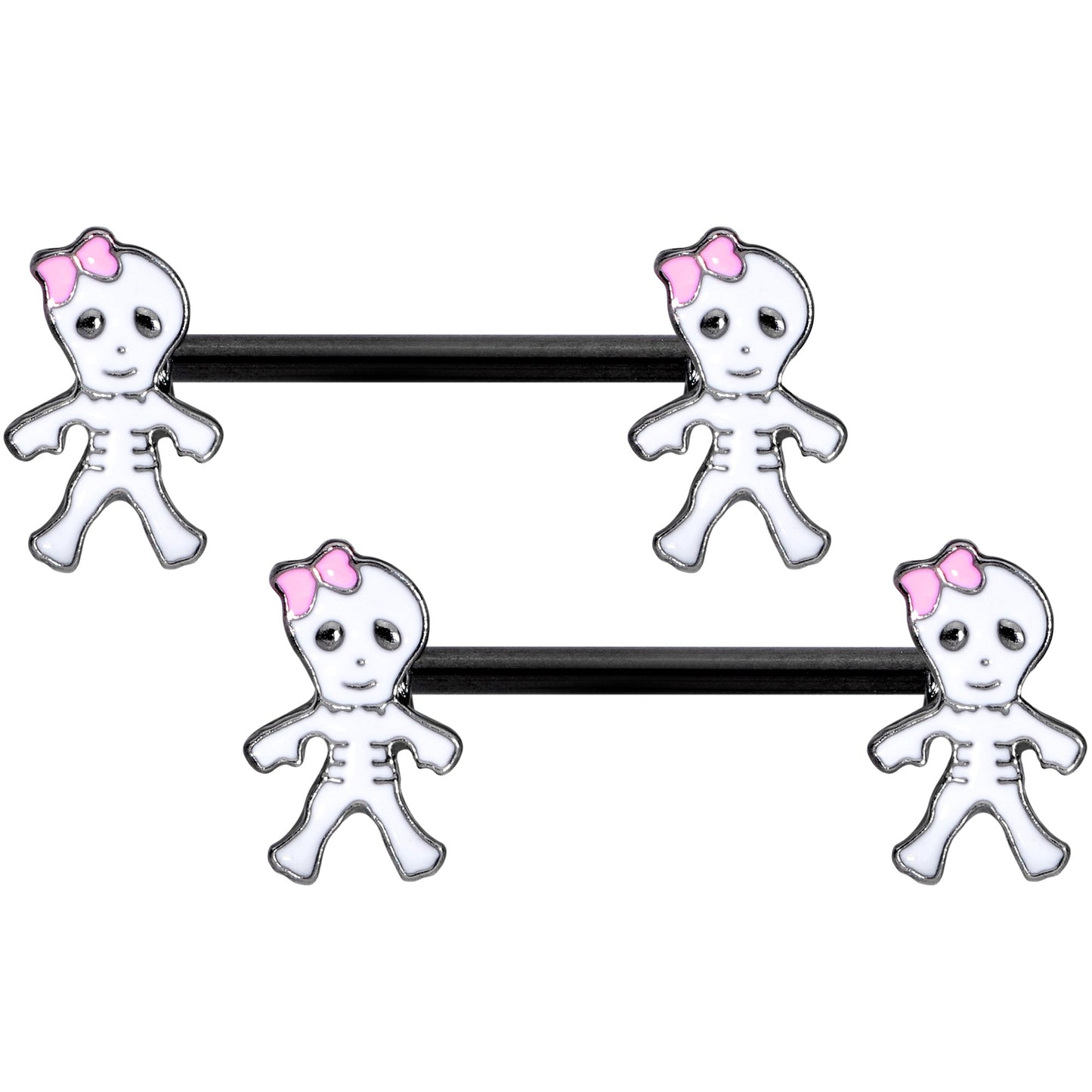 14G 9/16 Black Skeleton Girl Halloween Barbell Nipple Ring Set