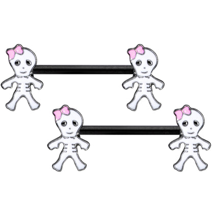 14G 9/16 Black Skeleton Girl Halloween Barbell Nipple Ring Set