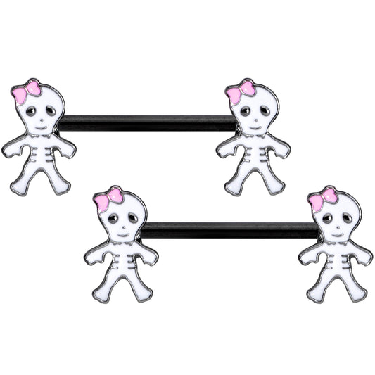 14G 9/16 Black Skeleton Girl Halloween Barbell Nipple Ring Set