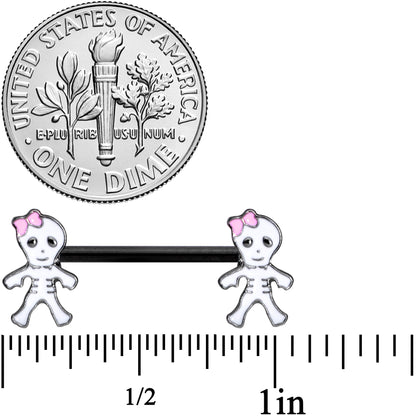 14G 9/16 Black Skeleton Girl Halloween Barbell Nipple Ring Set