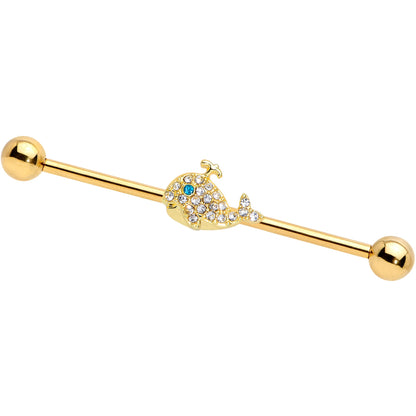 14G Clear Aqua Gem Gold Tone Whale Industrial Barbell 38mm
