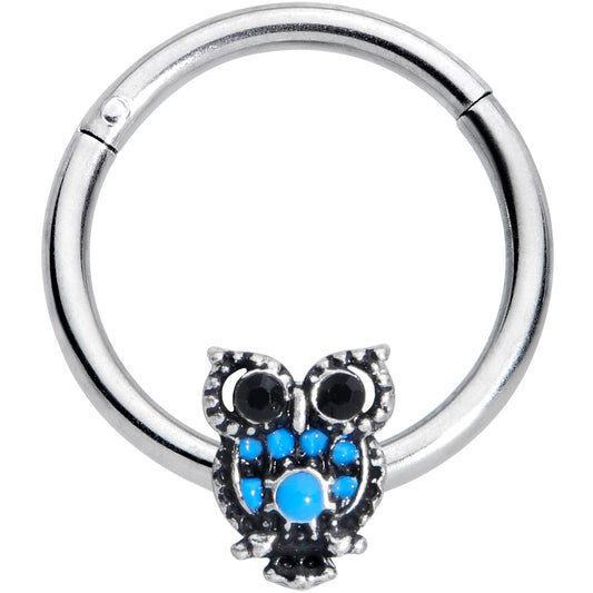 16G 3/8 Black Gem Ornate Blue Owl Hinged Segment Ring