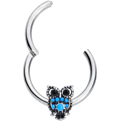 16G 3/8 Black Gem Ornate Blue Owl Hinged Segment Ring