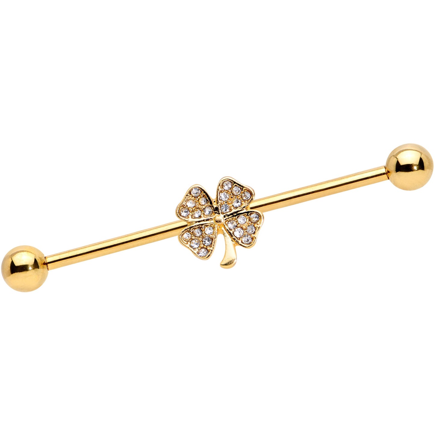 14G Clear Gem Gold Tone Shamrock Industrial Barbell 38mm