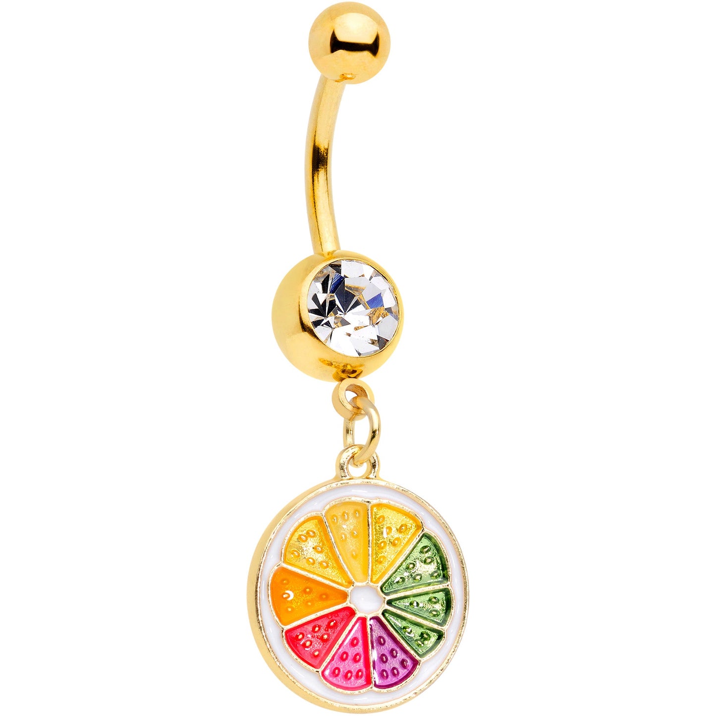 Clear Gem Gold Tone Rainbow Grapefruit Dangle Belly Ring