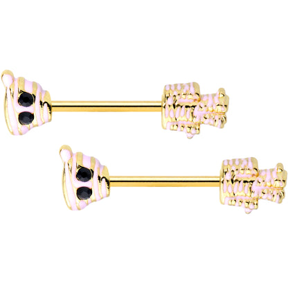 14G 5/8 Black Gem Gold Tone Mummy Halloween Nipple Ring Set
