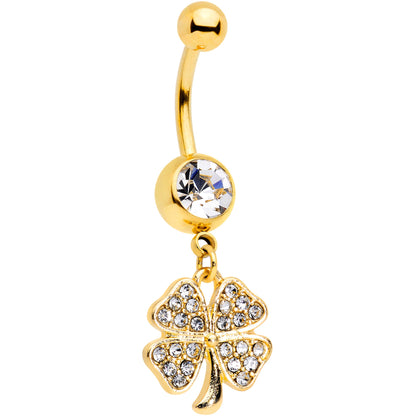 Clear Gem Gold Tone Lucky St Patricks Day Shamrock Dangle Belly Ring