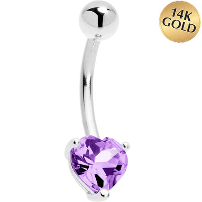 16G Solid 14K White Gold Genuine Light Amethyst Heart Solitaire Belly Ring