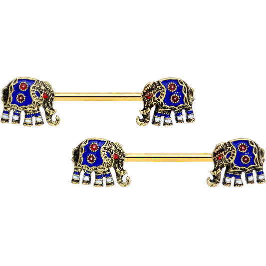 14G 9/16 Gold Tone Rococo Elephant Barbell Nipple Ring Set