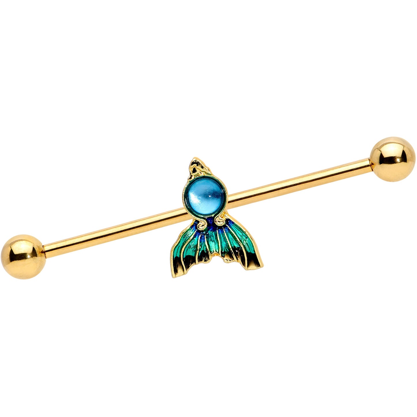 14G Gold Tone Blue Green Mermaid Tail Industrial Barbell 38mm