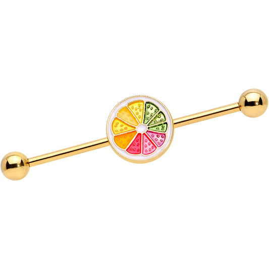 14G Gold Tone Rainbow Grapefruit Industrial Barbell 38mm
