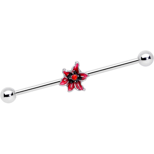14G Red Gem Red Flower Industrial Barbell 38mm
