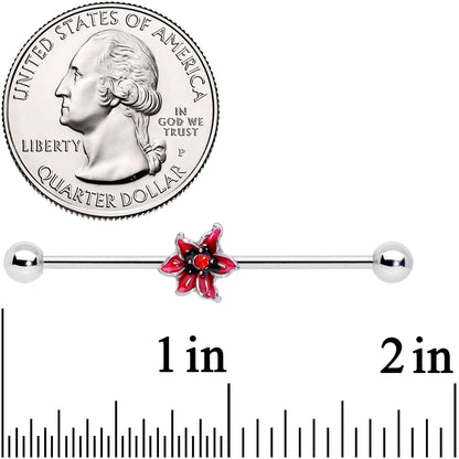 14G Red Gem Red Flower Industrial Barbell 38mm