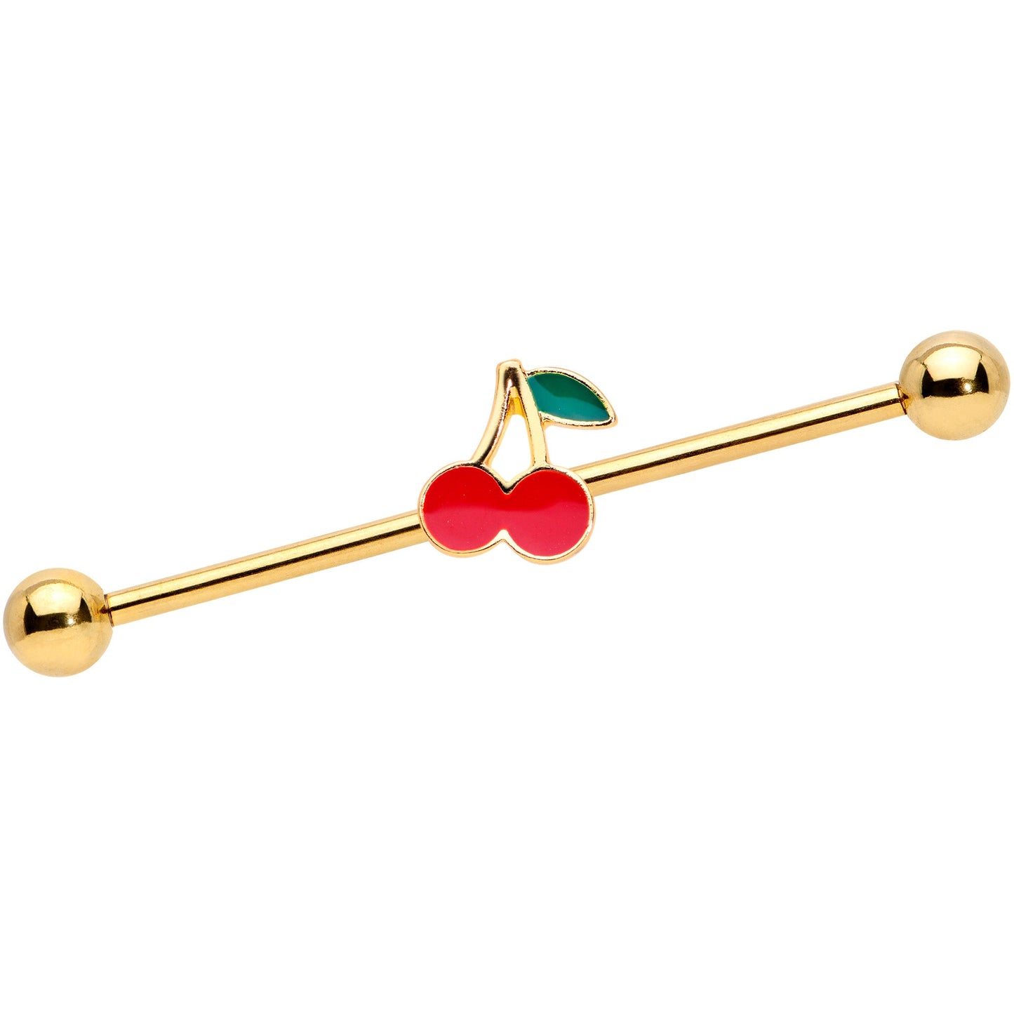 14G Gold Tone Charming Cherries Industrial Barbell 38mm