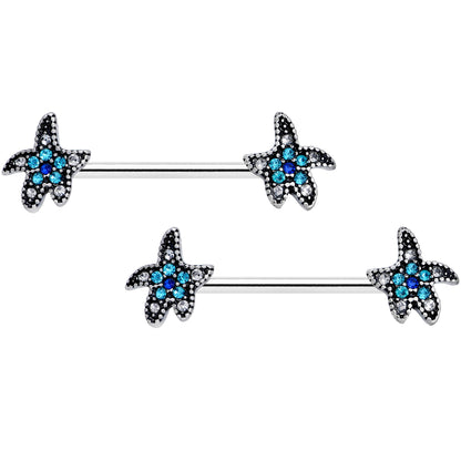 14G 5/8 Clear Aqua Gem Starfish Barbell Nipple Ring Set
