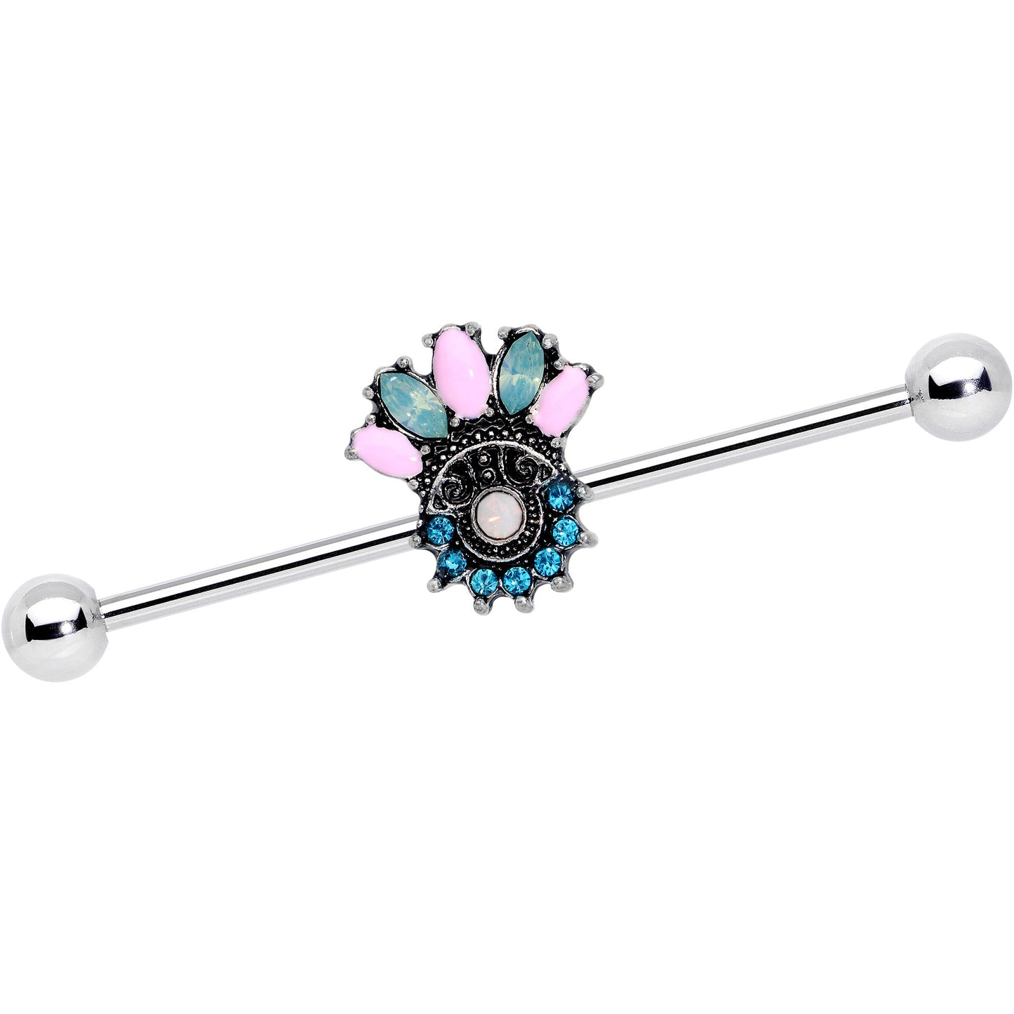 14G Blue Pink Green Gem Baroque Flower Industrial Barbell 38mm