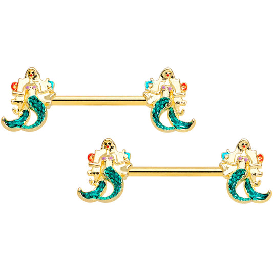 14G 9/16 Gold Tone Green Mermaids Barbell Nipple Ring Set