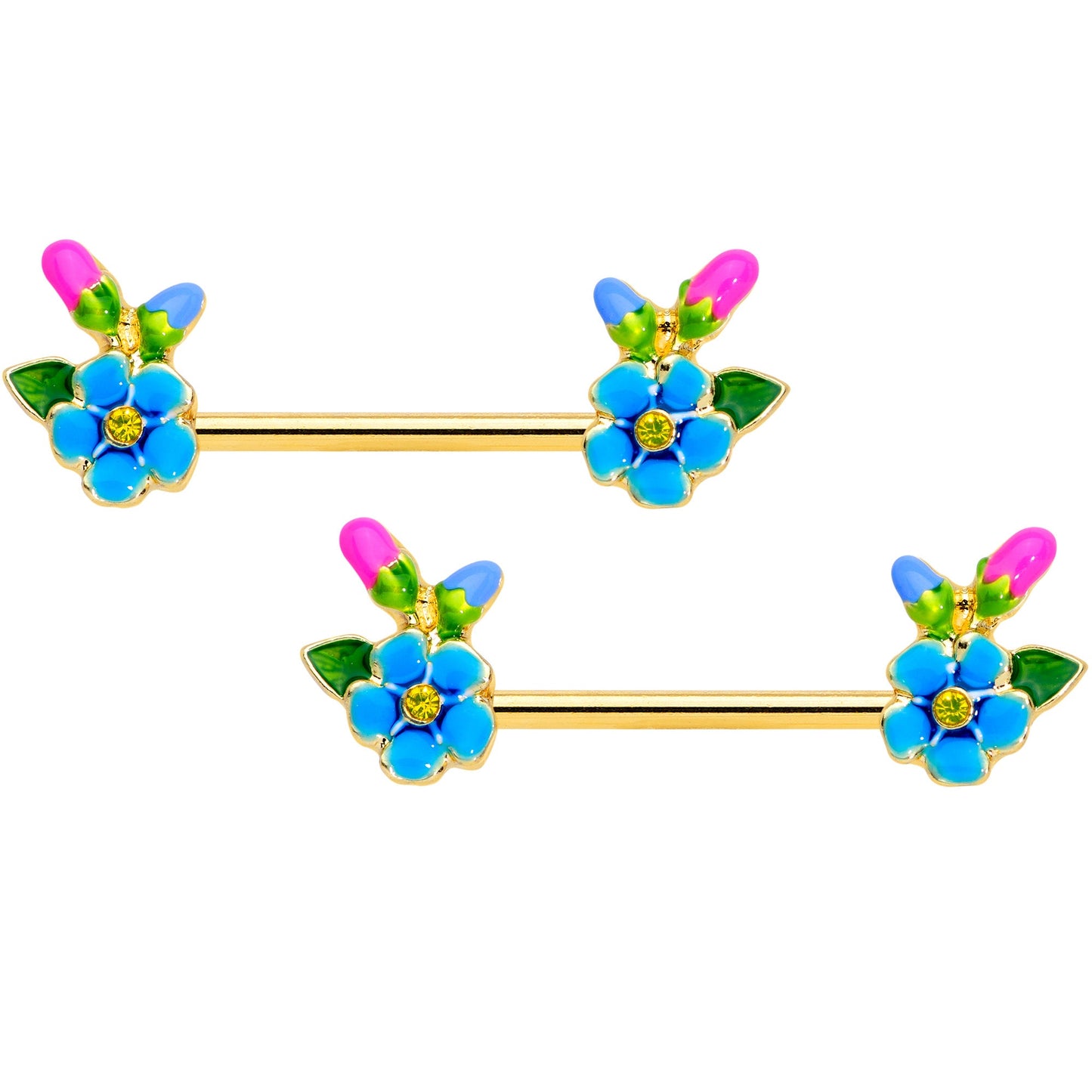 14G 9/16 Yellow Gem Gold Tone Neon Flower Barbell Nipple Ring Set