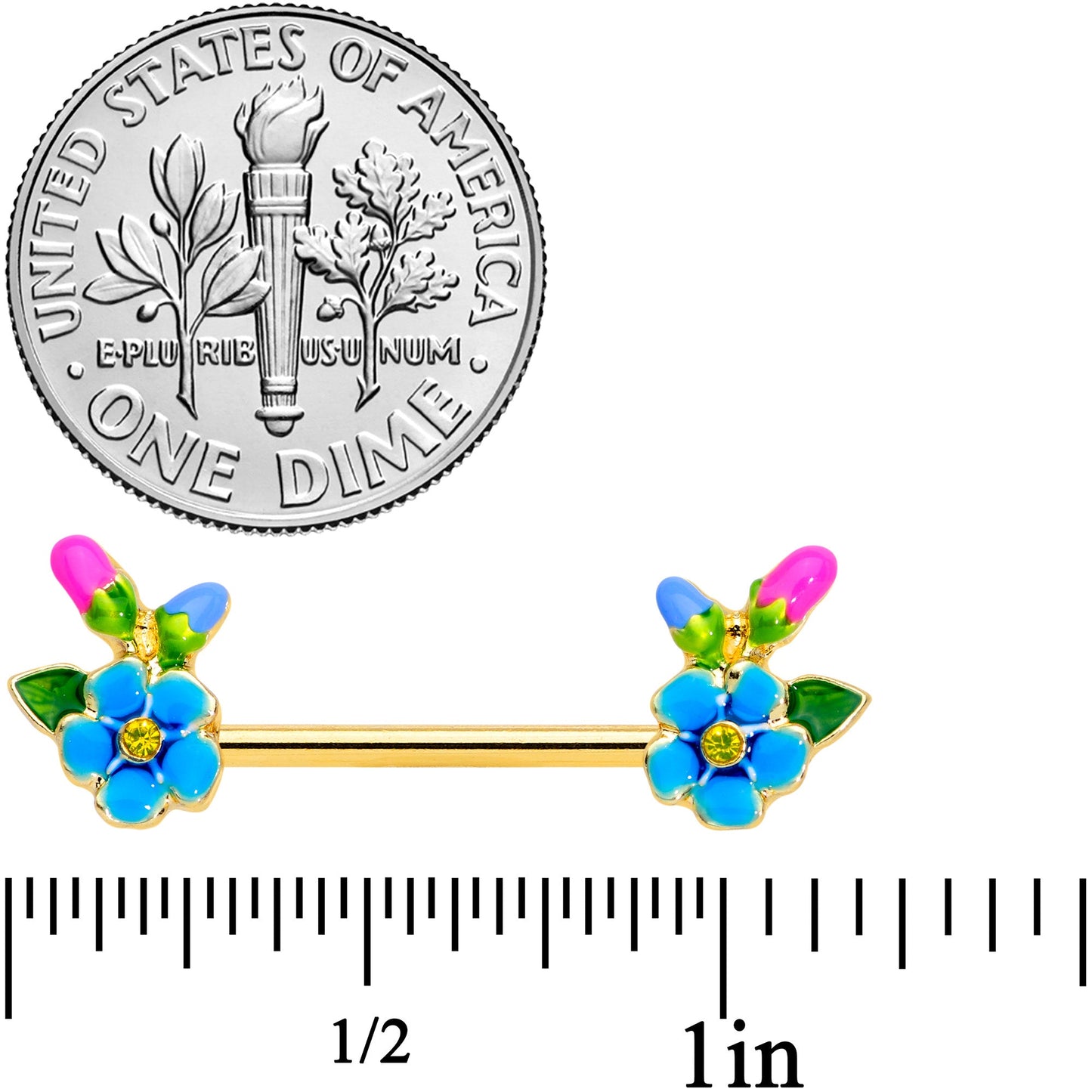 14G 9/16 Yellow Gem Gold Tone Neon Flower Barbell Nipple Ring Set