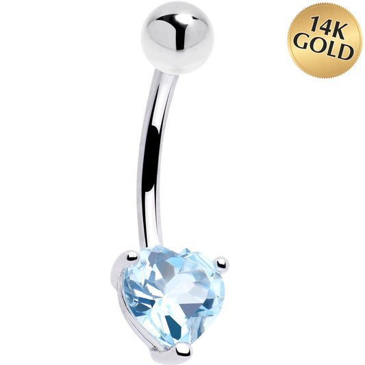 16G 14k White Gold Genuine Blue Topaz Heart Belly Ring