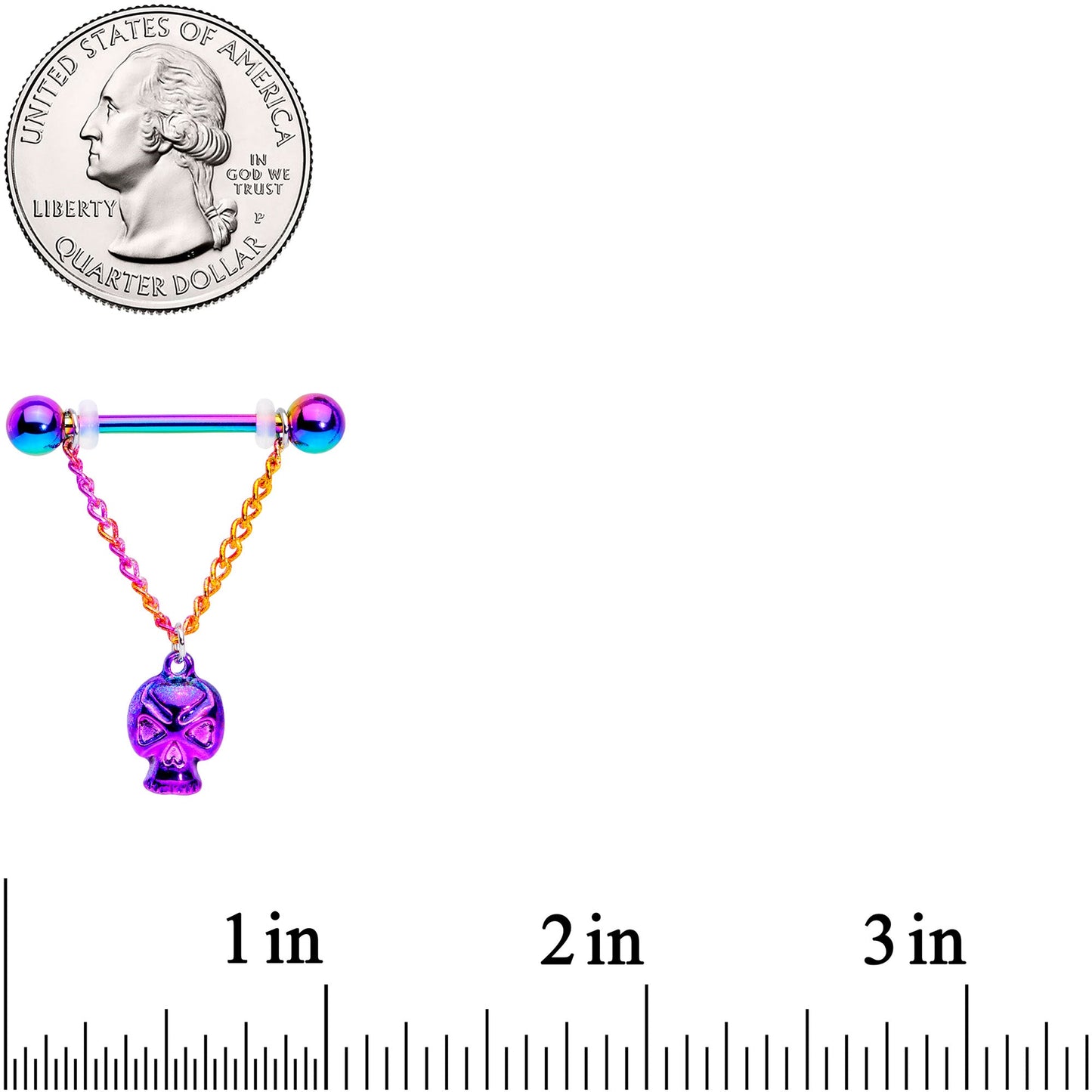 14G 3/4 Rainbow Plated Scary Skull Dangle Barbell Nipple Ring Set