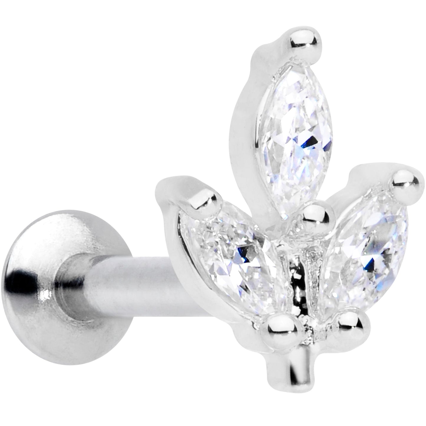 16G 1/4 CZ Gem Leaf Threadless Push In Labret Tragus