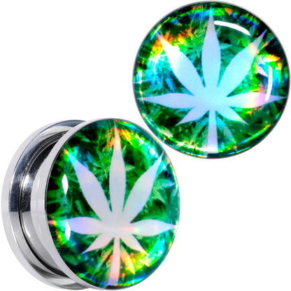 Green Hologram Marijuana Weed Leaf Screw Fit Plug Set 6G to 1 Inch