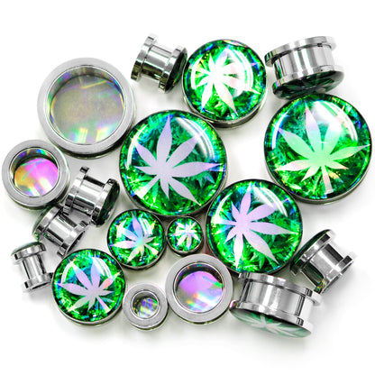 Green Hologram Marijuana Weed Leaf Screw Fit Plug Set 6G to 1 Inch