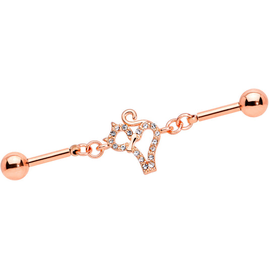 14G Clear Gem Rose Gold Tone Cat Double Industrial Barbell 40mm