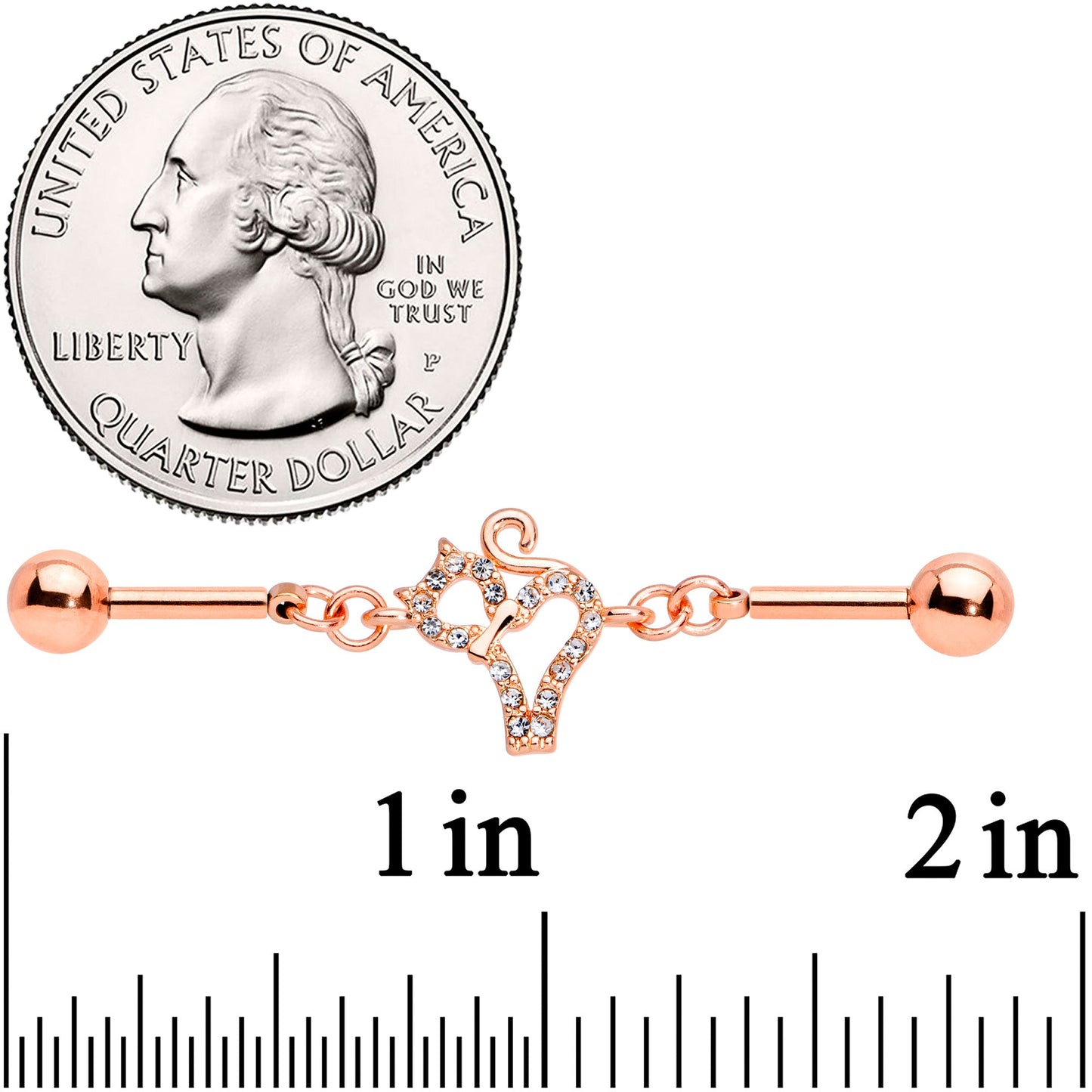 14G Clear Gem Rose Gold Tone Cat Double Industrial Barbell 40mm