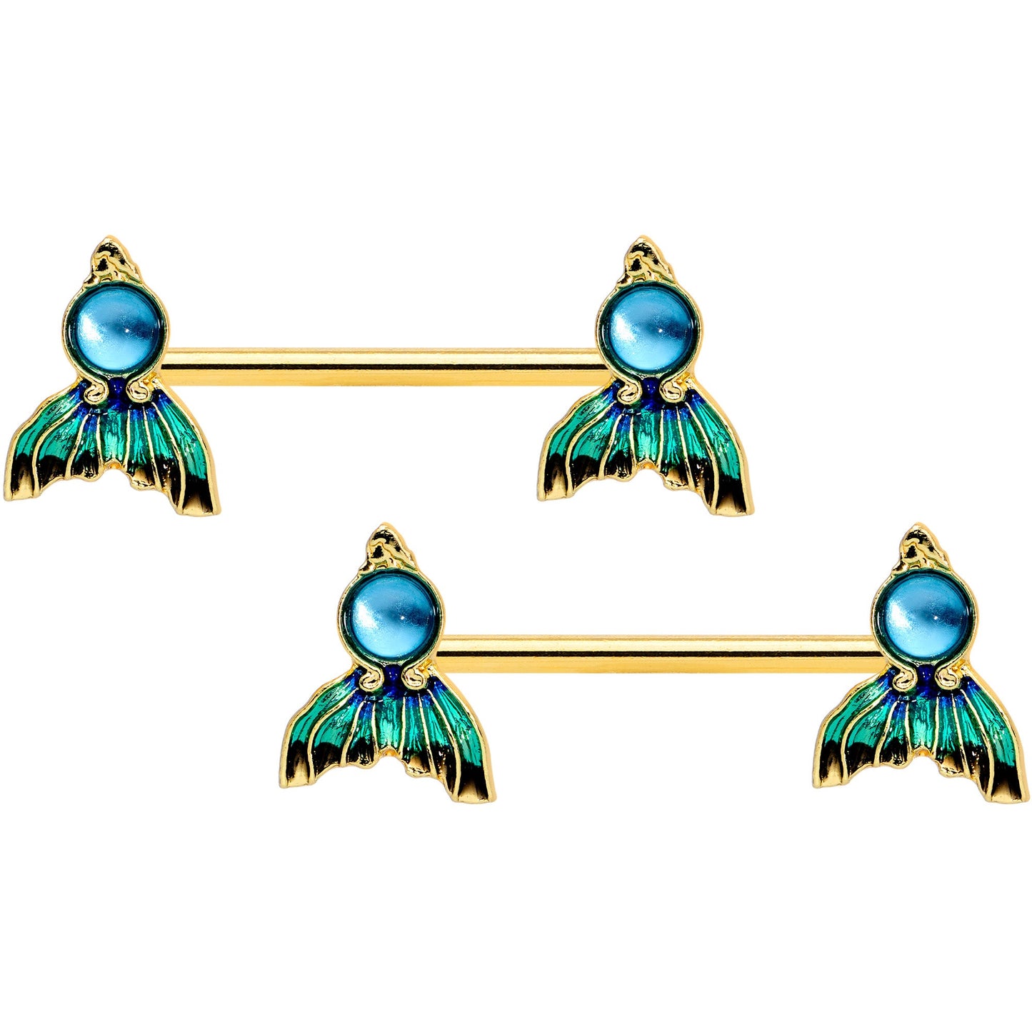 14G 9/16 Gold Tone Blue Green Mermaid Tail Barbell Nipple Ring Set