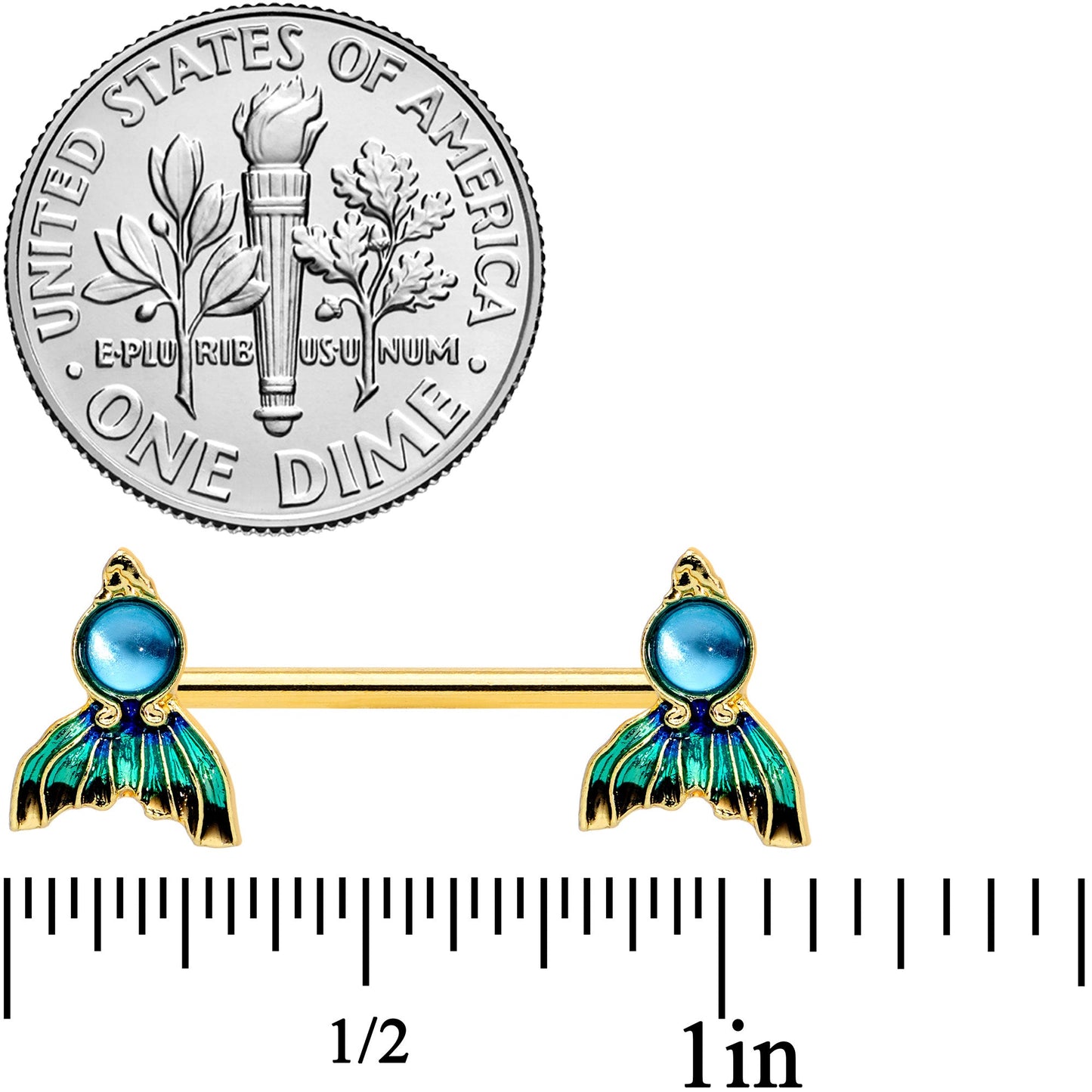 14G 9/16 Gold Tone Blue Green Mermaid Tail Barbell Nipple Ring Set