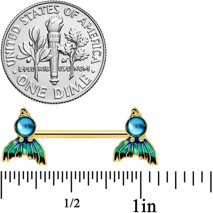 14G 9/16 Gold Tone Blue Green Mermaid Tail Barbell Nipple Ring Set