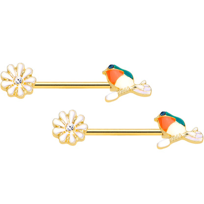 14G 5/8 Clear Blue Gem Gold Tone Perch Bird Barbell Nipple Set
