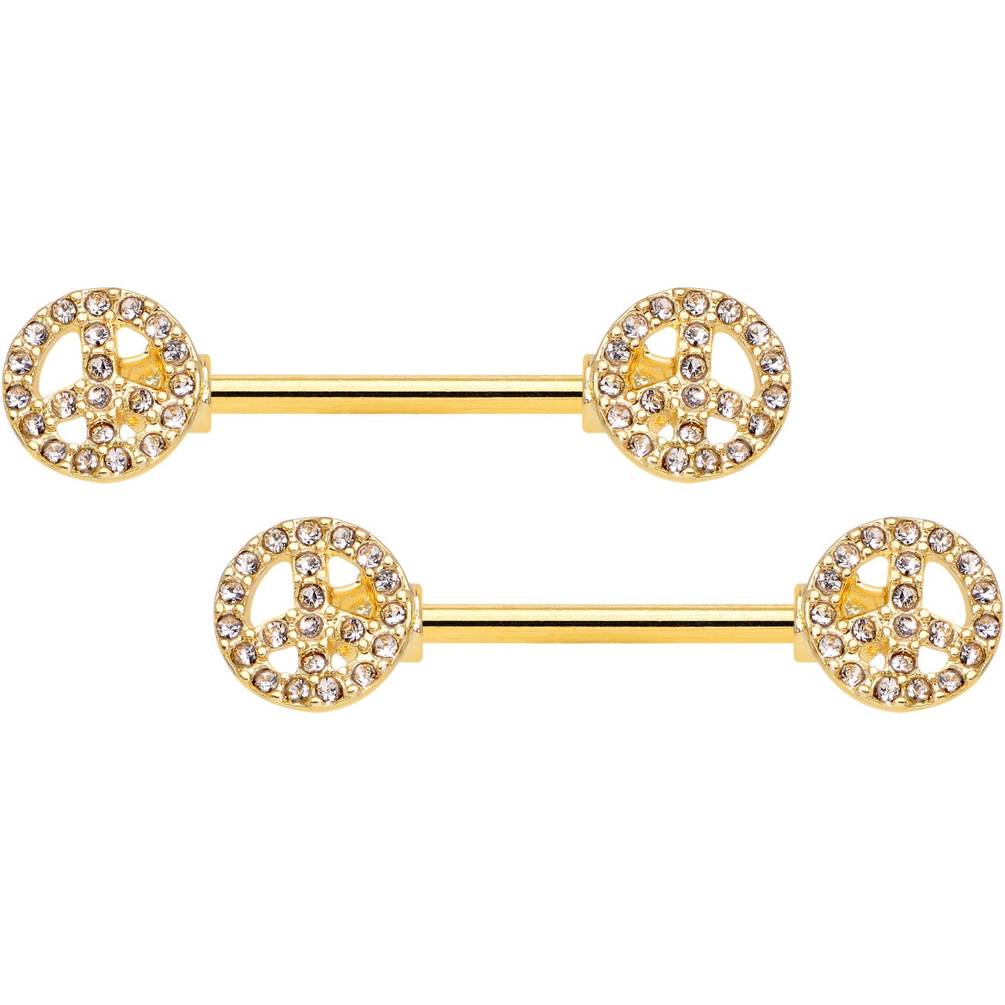 14G 5/8 Clear Gem Gold Tone Peace Sign Barbell Nipple Ring Set