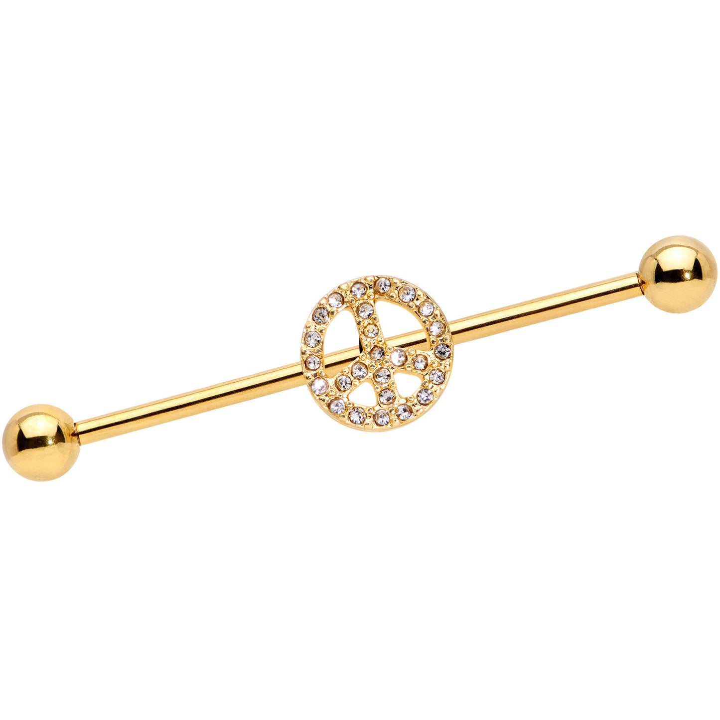 14G Clear Gem Gold Tone Peace Sign Industrial Barbell 38mm