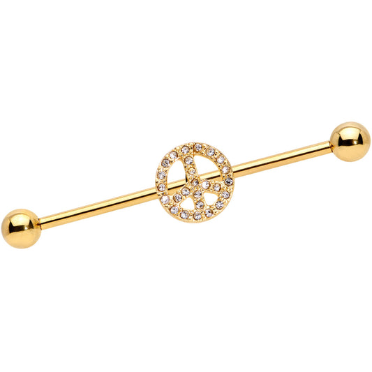 14G Clear Gem Gold Tone Peace Sign Industrial Barbell 38mm
