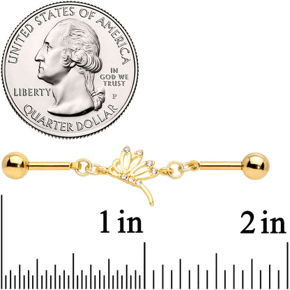 14G Clear CZ Gold Tone Dragonfly Double Industrial Barbell 40mm