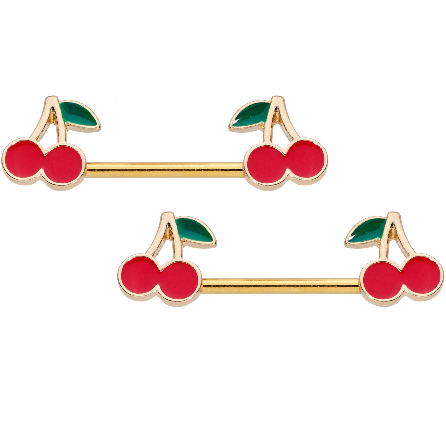 14G 9/16 Gold Tone Charming Cherries Barbell Nipple Ring Set