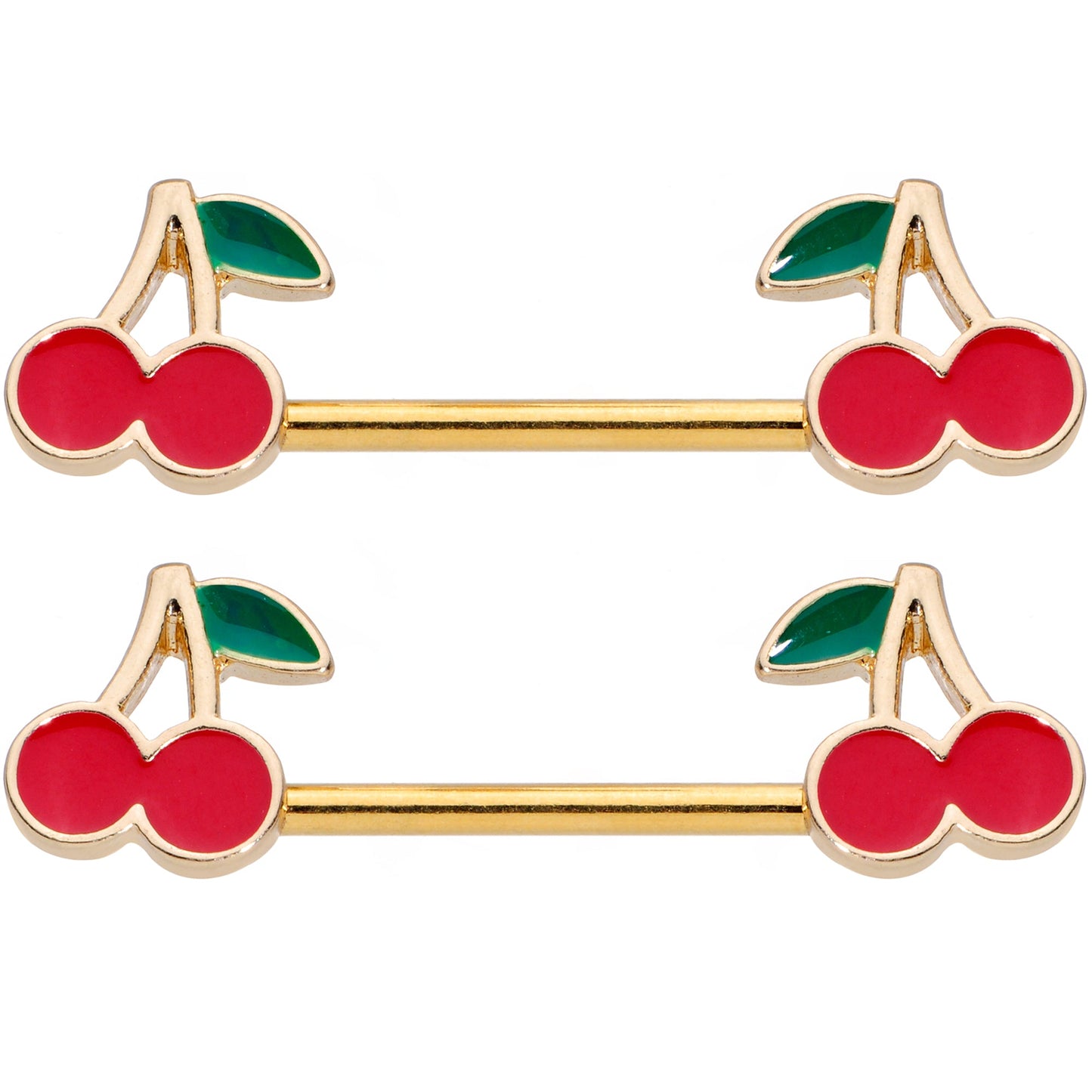 14G 9/16 Gold Tone Charming Cherries Barbell Nipple Ring Set