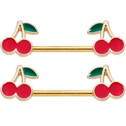 14G 9/16 Gold Tone Charming Cherries Barbell Nipple Ring Set