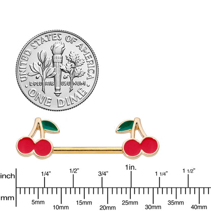 14G 9/16 Gold Tone Charming Cherries Barbell Nipple Ring Set