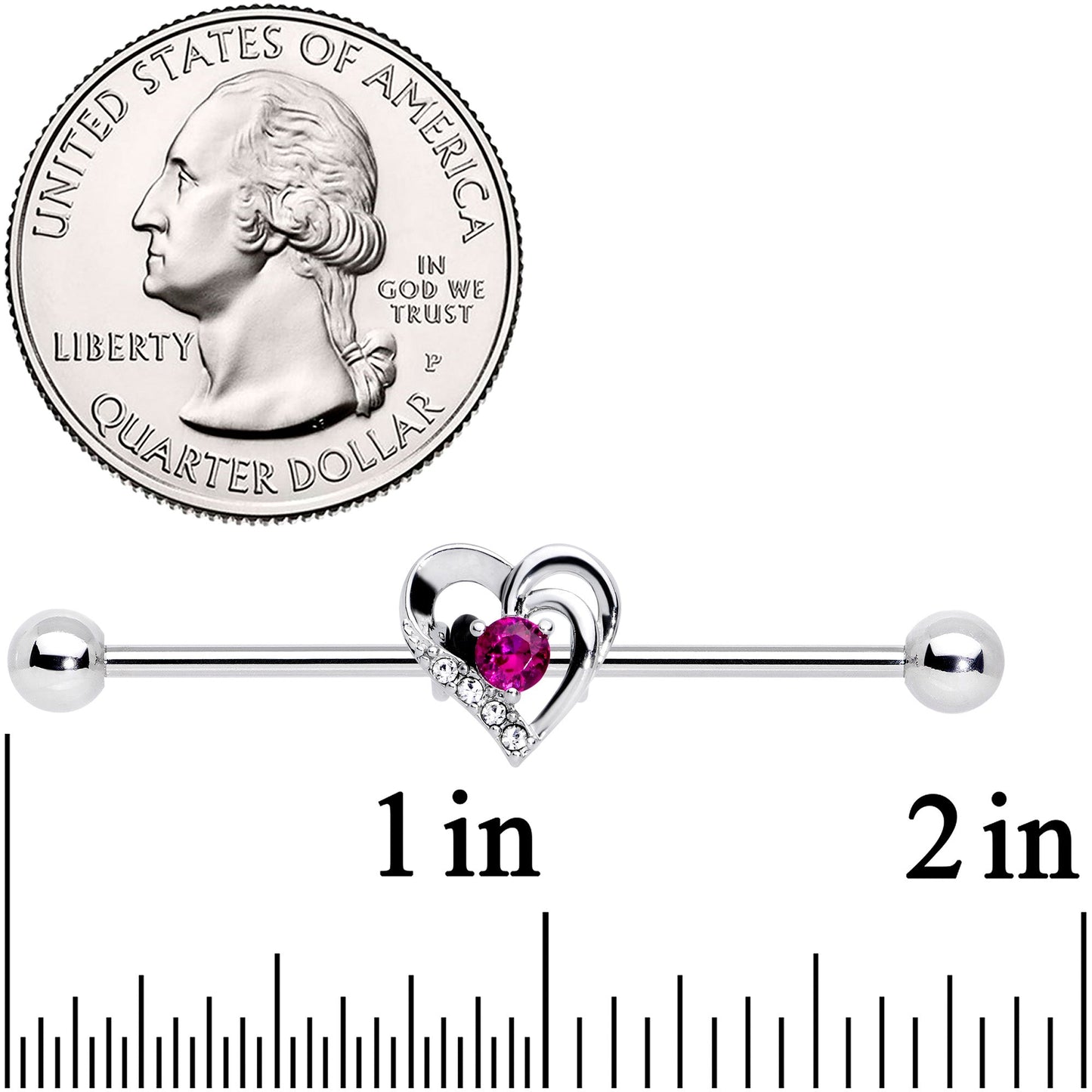 14G Clear Pink Gem Heart Valentines Day Industrial Barbell 38mm