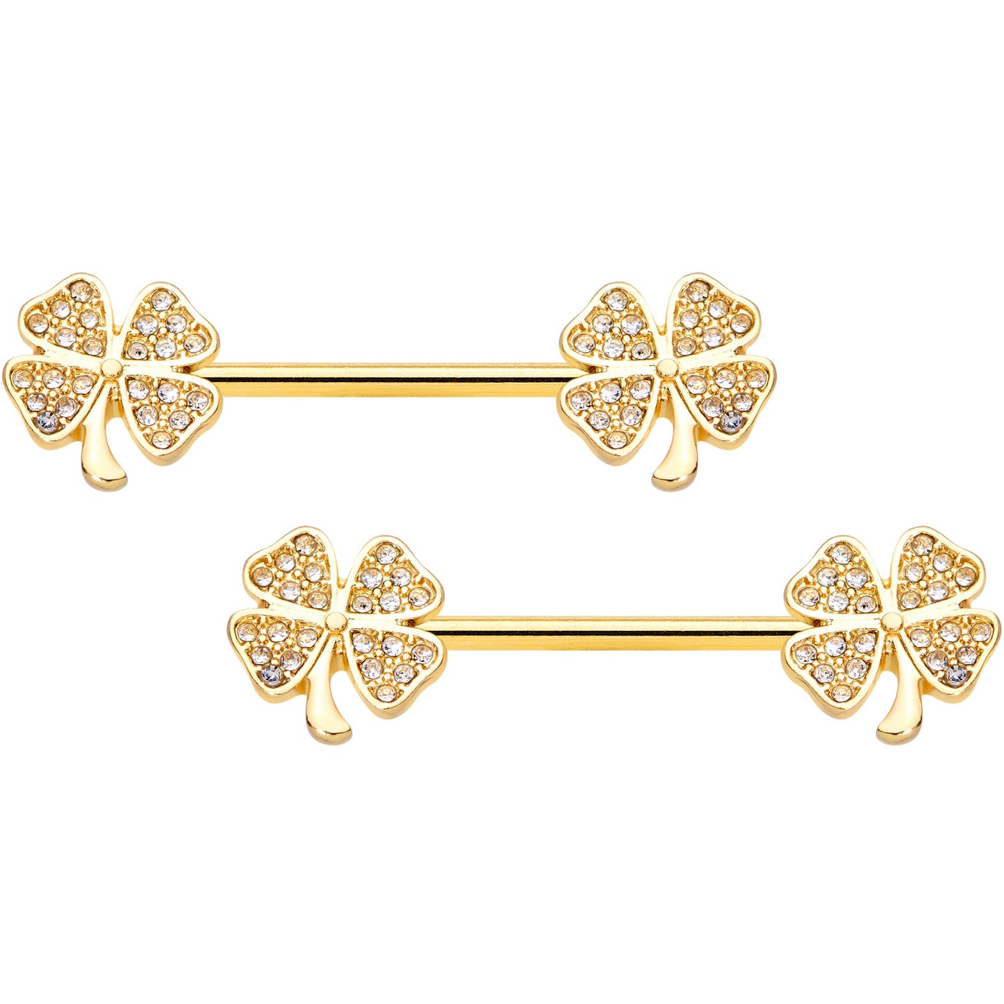 14G 9/16 Clear Gem Gold Tone Shamrock Barbell Nipple Ring Set